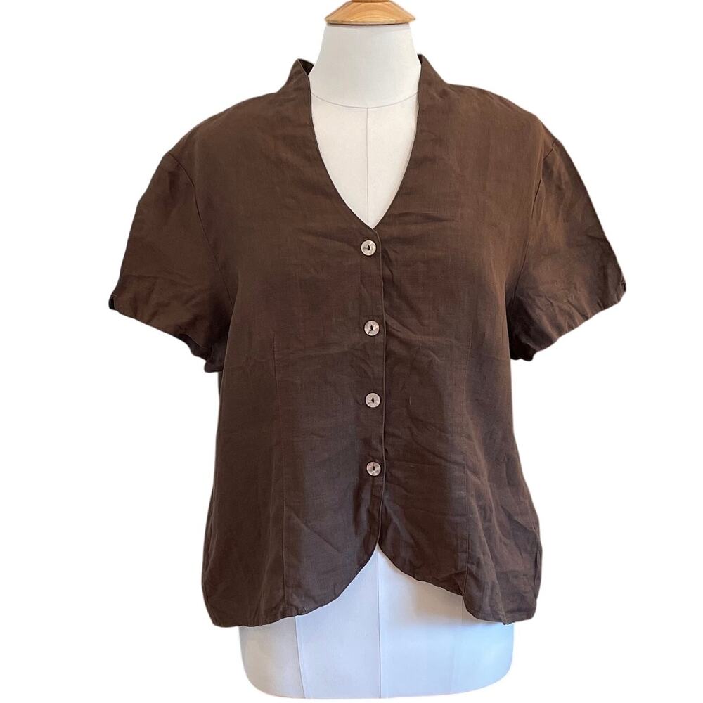 Vintage Orvis Chocolate Brown 100% Linen Short Sleeve Button Down Shirt, Size XL